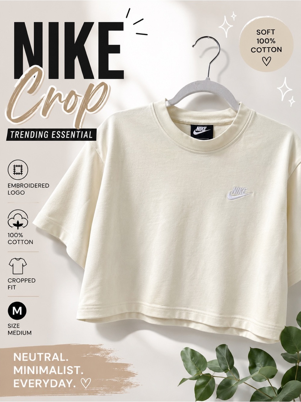 Nike Essential Cropped Tee Light Yellow Embroidered Logo Medium - Picture 1 of 9